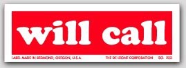 1x3" Will Call Shipping Labels 500/rl
